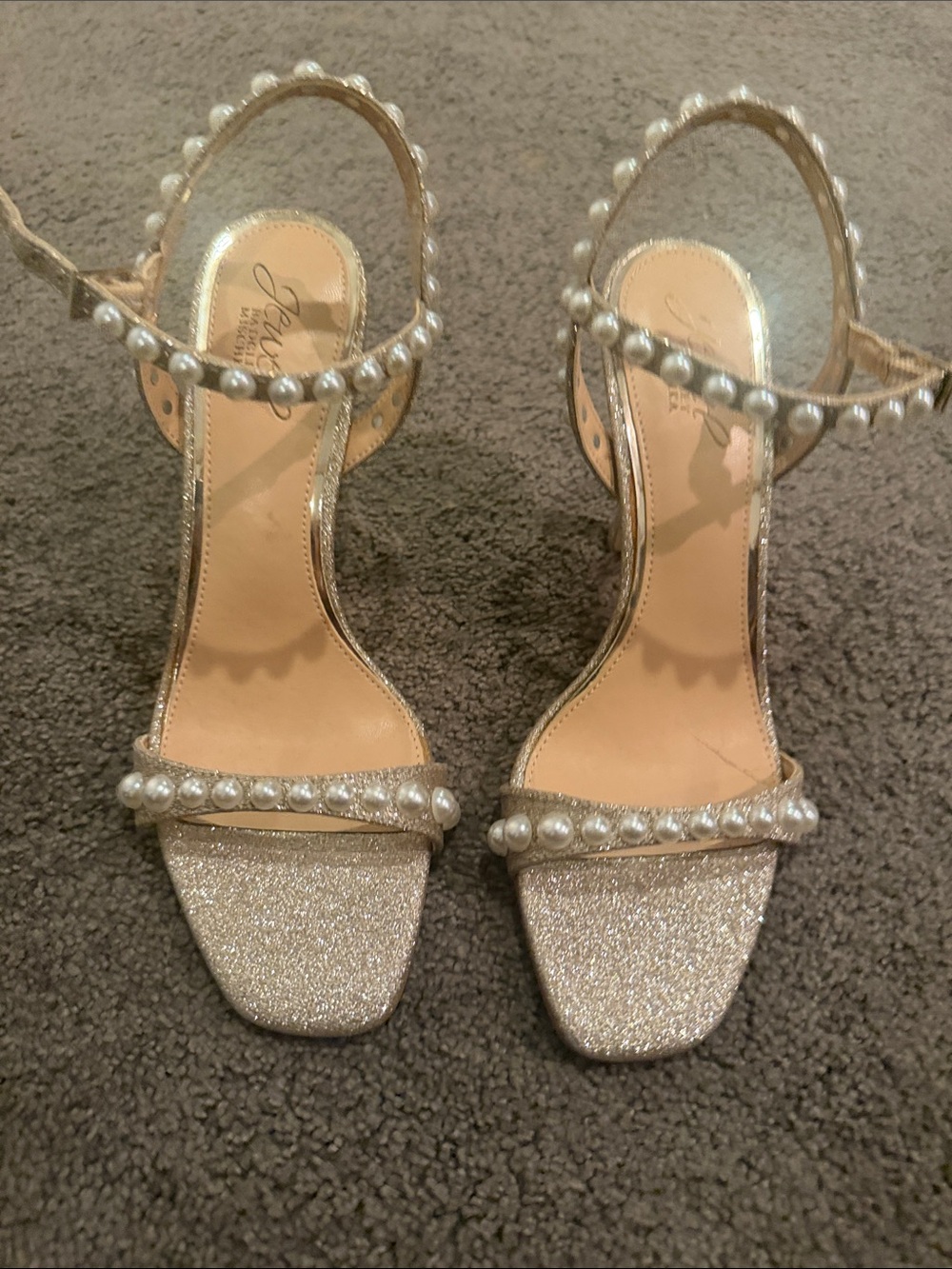 Badgley Mischka Pearl-Embellished Gold Women's Ankle-Strap heals.